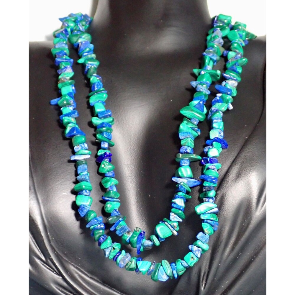Lapis Lazuli Malachite Genuine Natural Chip Bead Necklace 32" Long Green & Blue